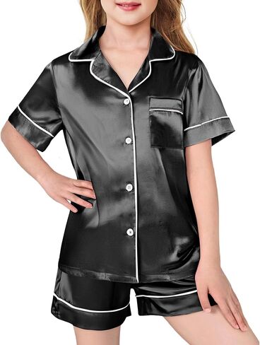 Arshiner Girls Pajamas Silk Satin Pajama Sleepwear Button Down Pj Set Loungewear in Saudi Arabia
