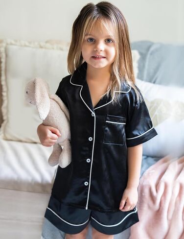Arshiner Girls Pajamas Silk Satin Pajama Sleepwear Button Down Pj Set Loungewear in Saudi Arabia