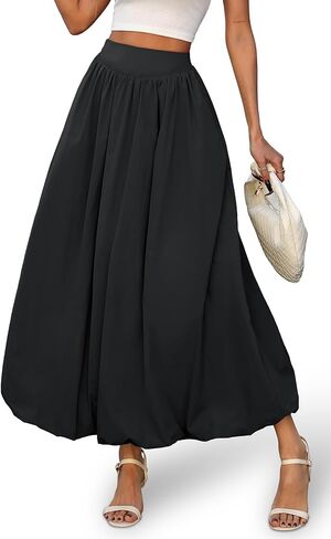 ELLEVEN Women's Bubble Maxi Skirt with Pockets，Elastic Waist Puffy Hem Y2k Skirt Casual A Line Long Skirts in Saudi Arabia