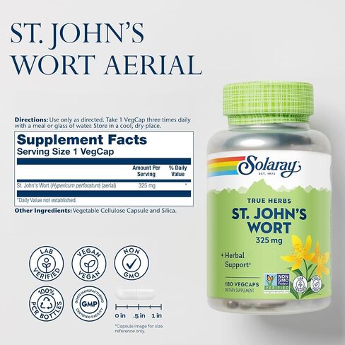 Solaray St Johns Wort 325 mg الكامل - مكملات دعم الصحة والمزاج - ضمان استرداد الأموال لمدة 60 يومًا - غير المعدلة وراثيًا ، نباتي ، مختبر تم التحقق منه (180 VEGCAP ، 180 حصص) in Kuwait