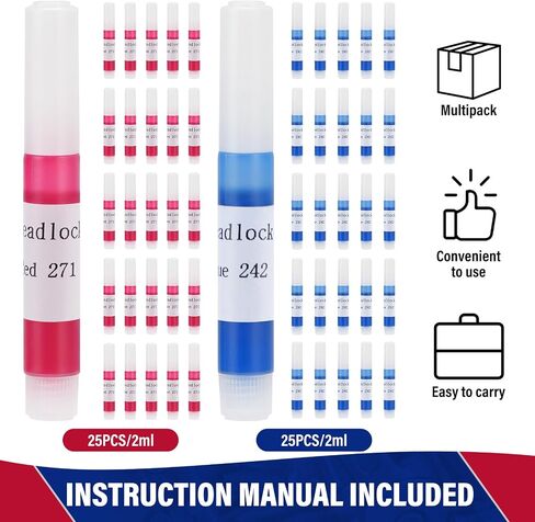 2ml *50 Pack Threadlocker Blue 242 & Red 271 ، 25 حزمة من كل ، خزانة مؤشر ترابط الأزرق والأحمر ، المتوسطة وعالية القفل Threadlocker ، مثالية للمكسرات ، البراغي ، السحابات in Saudi Arabia