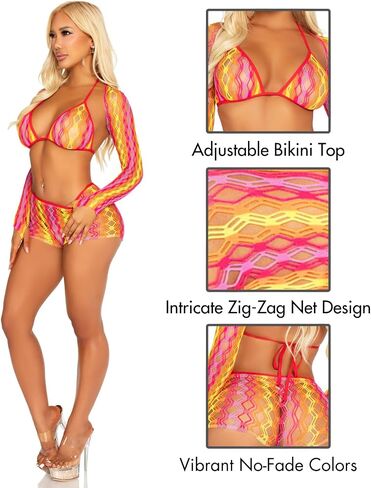 Leg Avenue Women's Standard 3 PC Zig Zag Net Bikini Top, Boyshorts, and Shrug, Multicolor, One Size in Saudi Arabia