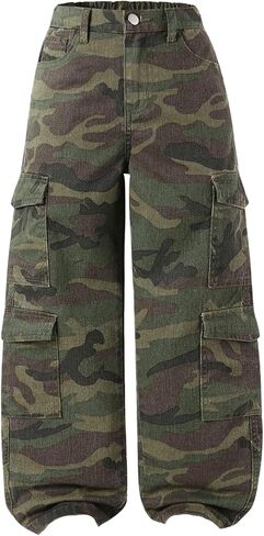 Verdusa Girl's Y2K Camo Cargo Pants Loose Straight Leg Denim Pants with Pockets in Saudi Arabia