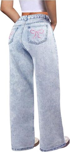 WDIRARA Girl's Bowknot Embroidery Wide Leg Jeans Y2k Baggy Denim Pants in Kuwait