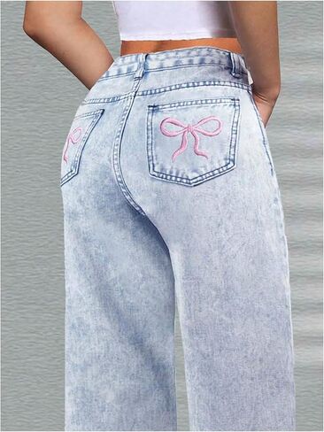 WDIRARA Girl's Bowknot Embroidery Wide Leg Jeans Y2k Baggy Denim Pants in Kuwait