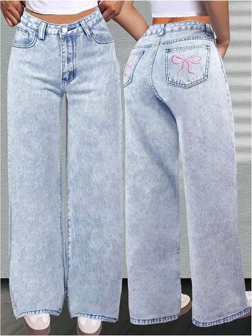 WDIRARA Girl's Bowknot Embroidery Wide Leg Jeans Y2k Baggy Denim Pants in Kuwait