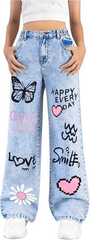 Girl's Y2k Graphic Jeans Butterfly Print Jeans Elastic High Waisted Straight Leg Denim Pants in Kuwait