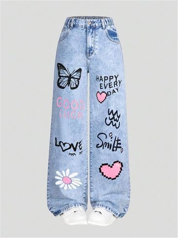 Girl's Y2k Graphic Jeans Butterfly Print Jeans Elastic High Waisted Straight Leg Denim Pants in Kuwait