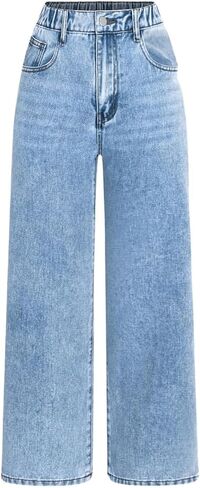 WDIRARA Girl's High Waisted Button Wide Leg Jeans Casual Long Denim Pants with Pocket in Kuwait