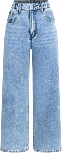 WDIRARA Girl's High Waisted Button Wide Leg Jeans Casual Long Denim Pants with Pocket in Kuwait