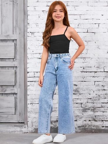 WDIRARA Girl's High Waisted Button Wide Leg Jeans Casual Long Denim Pants with Pocket in Kuwait