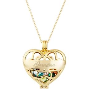 EVE'S ADDICTION Women's Custom Engraved Gold Plated Heart Shaped Birthstone Locket - Personalized Caged Locket Necklace, 16" Chain - Locket Jewelry - Mother's Necklace - Gifts for Mom