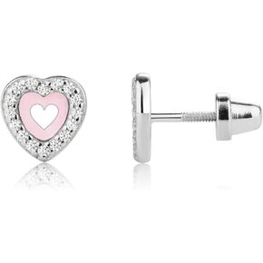 Cherished Moments Children's Sterling Silver Pink Heart Earrings with Sparkling CZ Stones and Safety Screw Backs for Babies, Toddlers, Kids, or Little Girls