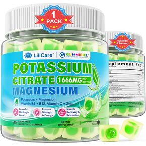 Potassium Citrate Gummies 1666mg for Adults - Potassium Supplement, Magnesium Glycinate, Zinc, B6, B12 & C – Electrolyte Gummies for Energy, Muscle Recovery & Leg Cramps, Sugar-Free, Vegan 60 Cts