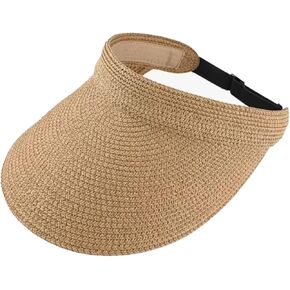 قبعات Sun Visor للنساء Wide Brim Straw Valsors أقنعة الصيف القابلة للطي قبعات شاطئية ذيل حصان قابلة للطي للنساء Beige Beige