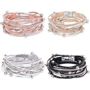 4pcs Leather Wrap Bracelets For Women,Boho Multi-Layer Inlaid Beads Handmade Bracelets Fashion Stack Bracelets Jewelry Elegant Leather Bracelet