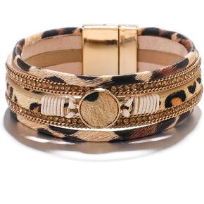 Leopard Bracelet for Women (7.68") Multi Layered Animal Cheetah Print Natural Stone Braided Boho Leather Wrap Bracelet Jewelry