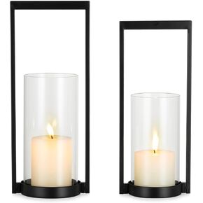 Sziqiqi Hurricane Candle Holder للعمود: حاملي الشموع الحديثة الأسود لمحور المائدة - مجموعة شمعة هندسية من 2 مع الزجاج لزجاج غرفة المعيشة عيد الميلاد
