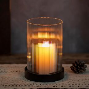 Hewory Ribbed Hurricane Candle Holder: Gold Votive Candle Holders Set of 2, Glass Hurricane with Metal Candle Plate, Pillar Candle Holder for Table Centerpiece Christmas Wedding Holiday Home Decor