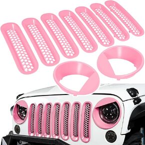 Clip-on Version Front Grille Mesh Inserts & Angry Bird Style Headlight Cover Fits for 2007-2017 Jeep Wrangler JK JKU（Matte Black）