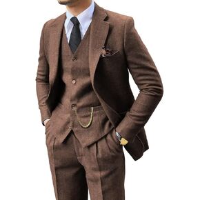 Retro 3 Piece Suit Tweed Herringbone Men's Suits Slim Fit Groom Tuxedos Set Prom Brown Grey Jacket Blazer Vest Pants