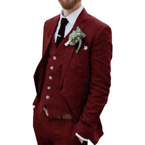 Wehilion Retro Linen Men Suit Beach Wedding Suit Summer Slim Fit 3 Pieces Light Weight Linen Suit Jacket Vest Pant Tuxedo