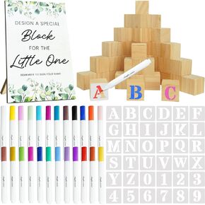 مجموعة استحمام الطفل Geeday Decorate a Block - 111 قطعة تتضمن استنسل كتل خشبية فارغة للأطفال مع علامات أكريليك - رائعة لديكورات حمام الطفل بوهو التي تكشف عن ألعاب استحمام الطفل