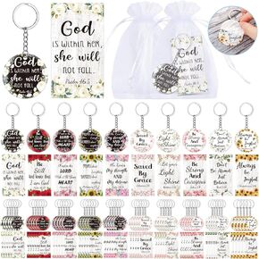YLOLUL 150 Pcs Christian Gifts Bulk Include 50 Acrylic Christian Keychain 50 Religious Scripture Card 50 Organza Bags