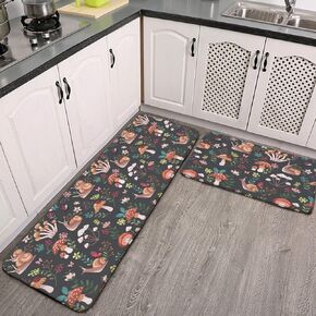 Mushroom Snails Butterfly Flower Pattern Kitchen Rug Set 2 PCS Floor Mats Washable Non-Slip Soft Flannel Runner Rug Doormat Carpet for Floor Home Bathroom, 17" x 47"+17" x 24"-M