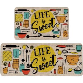 Life Is Sweet Kitchen Mats مجموعة من 2 ، الحصائر الدائمة الراحة غير القابلة للانزلاق المطبخ السجادة الطهي مجموعات السجادة الزخرفية للمنزل في المطبخ حصيرة - 17x29 و 17 × 47 بوصة