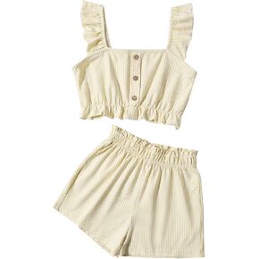 Girl's Summer Clothing Sets Knit Ruffle Striped T-Shirt and Shorts 2 Piece Outfits