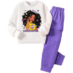 Toddler Girl Clothing Set -Cartoon Graphic Print Round Neck Sweatshirt & Cargo Sweatpants - Fall Outfits Size 3~7T