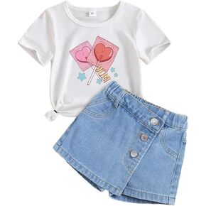 Toddler Girl Clothes Set-Cartoon Graphic Print Girls' Short Sleeves & Jean Shorts-Little Girls Outfits Size (3-7T)