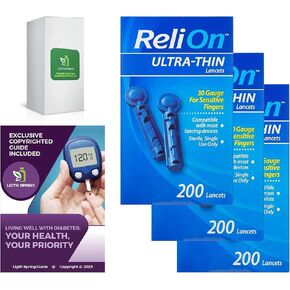 ReliOn Ultra-Thin Lancets, 30-Gauge, for Sensitive Fingers, 200 Ct (3 Pack) Bundle with Exclusive Living Well with Diabetes: Your Health, Your Priority - Better Light&Spring Guide (4 Items)