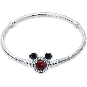 KUNSIR 925 Sterling Silver Snake Chain Bracelet with 5A Cubic Zirconia Mickey Mouse Heads Buckle Compatible with Pandora charms, Charm Bracelets for Women Teen