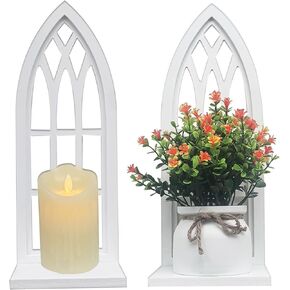 Wall Candle Sconces for Pillar - Black Candle Holder for Wall Set of 2 - Gothic Wood Carved Shelf for Plant - Rustic Window Shape Decor for Bathroom Hallway Fireplace