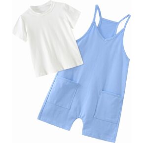 2 Pcs Girls Cami Romper Outfits Sets Short Jumpsuit Matching Short Sleeve T-Shirt for Kids Casual, Summer, Beach