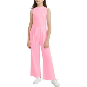 EXARUS Girls Sleeveless Jumpsuit Mock Neck Wide Leg Pants Zipper One Piece Rompers Overall Lightweight Casual 8-12Y