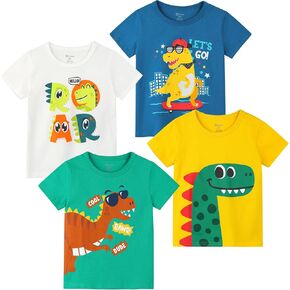 Poroka 4 Pack Toddler Boys Short Sleeve T-Shirts Crewneck Tee Shirts Cotton Cartoon Graphic Tops Tees Excavator Dinos Animal