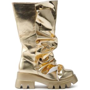 Women's Shin Metallic Fashion Buttons Long Boots Ladies Unique Wrinkled Chunky Sole Trendy High Boots