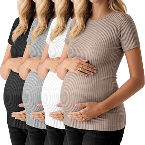 4 Pack Women's Maternity Shirts Short Sleeve Ribbed Pregnancy Tops Crew Neck Raglan Casual Cotton Summer Tee Tunic