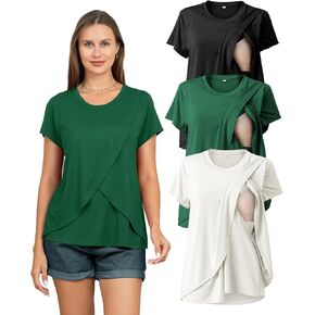 Rnxrbb 3 Pack Women's Nursing Tops for Breastfeeding Summer Short Sleeve T Shirts Postpartum Double Layer Clothes