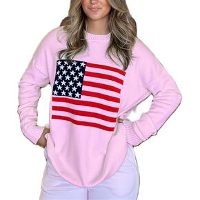 Women American Flag Patriotic Sweater Loose Fit Crew Neck Long Sleeve Pullover Knit Top 4th of July 2025 USA Knitwear