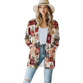 Fall Maple Leaf Cardigan Sweaters for Women Long Sleeve Cardigan Soft Drape Open Front Dusters V-Neck Jackets Dressy