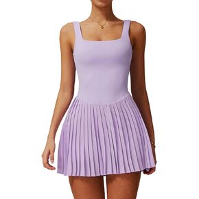 Womens Tennis Golf Dress with Built-in Bra Shorts Backless Square Neck Pleated Hem Athletic Dresses with Pockets