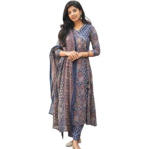 Women's Blue Cotton Printed V-Neck Anarkali Kurti Pant Set with Dupatta