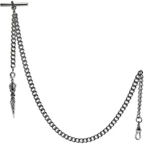 Albert Chain Silver Tone Pocket Watch Chain Vest Chain with Ancient Phurba Design Fob on Drop T Bar Swivel Clip AC124A