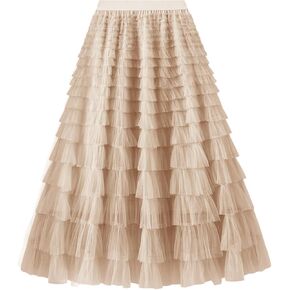 Women's Layered Tulle Skirts A Line Ruffle High Waisted Mesh Long Maxi Skirt Petticoat in Kuwait