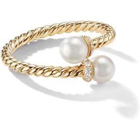 Double Pearls Open Twisted Band Statement Rings for Women Dainty Shiny CZ Large Round Pearl Adjustable Finger Wrap Ring Promise Engagement Wedding Party Stacking Expandable Fashion Jewelry Her