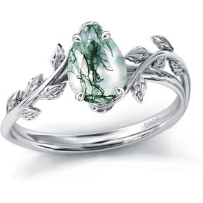 Natural Moss Agate Ring 925 Sterling Silver Opal Birthstone Ring 925 Sterling Silver Leaf Promise Ring for Her Birthday Anniversary Jewelry for Women